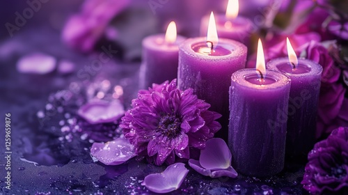 Purple flowers and candles create a dreamy atmosphere with a purple color theme. 
