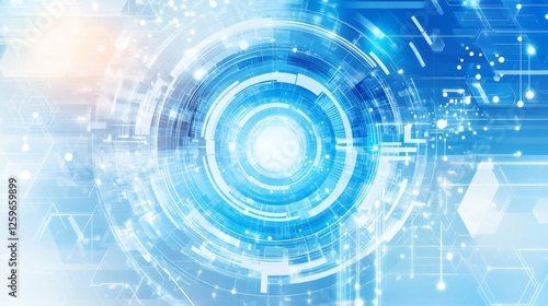 Abstract technological background with a central circular design and a network of lines and nodes.