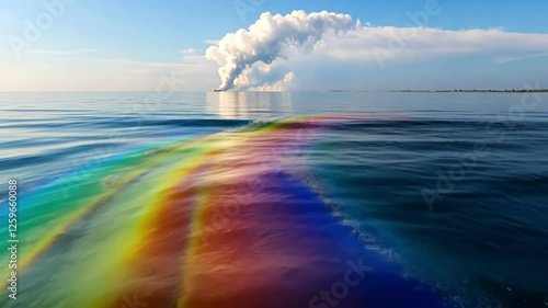 Vibrant oil spill on ocean surface highlighting environmental impact and pollution awareness