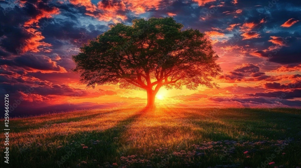 Sunset over field, lone tree silhouette, vibrant sky, peaceful nature scene, postcard Sunset over field, lone tree silhouette, vibrant sky, peaceful nature scene, postcard