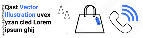 Shopping bag with price tag, two upward arrows, and phone icon. Ideal for retail, ecommerce, marketing, communication, customer service, business growth and flat landing page banner
