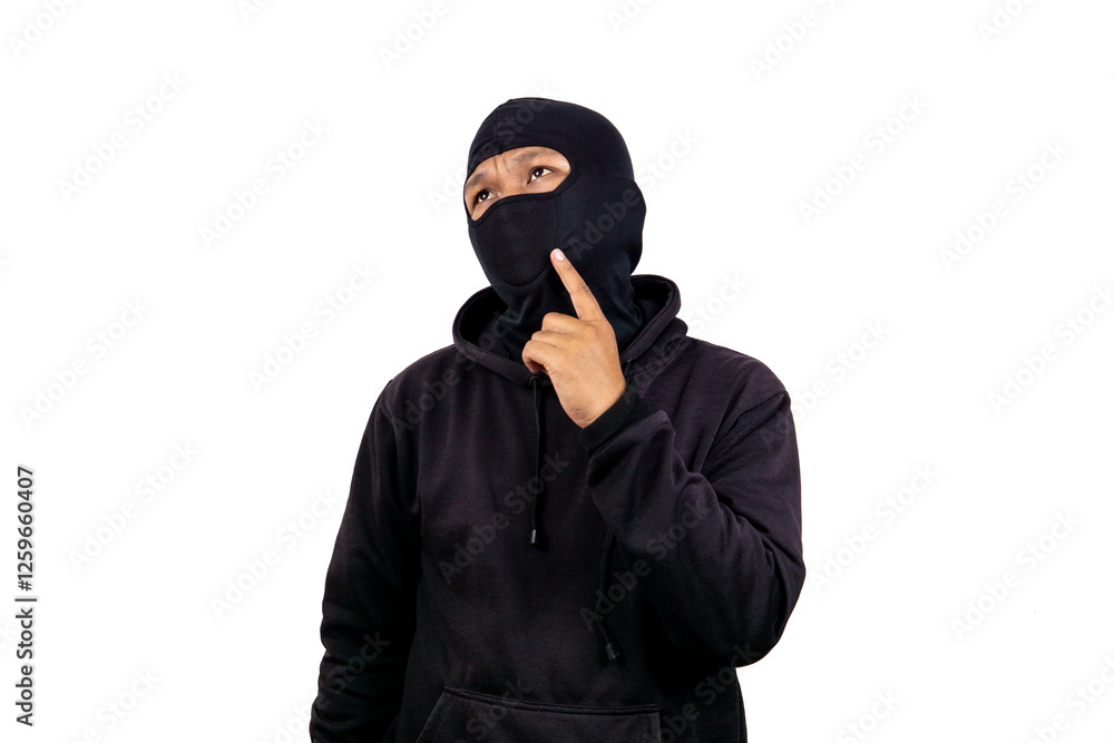 Thief wearing mask and black jacket doing thinking gesture. Isolated on white background Thief wearing mask and black jacket doing thinking gesture. Isolated on white background
