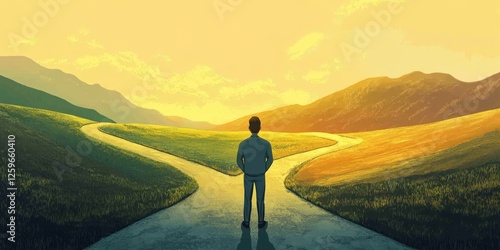 A man stands at a fork in the road, contemplating his future.