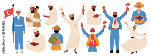 Set of people during traditional Muslim holidays. Victory Day, Independence Day, New Year, whirling dervish, watermelon and grape festival, Ramadan Mubarak celebration