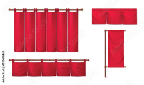 Japanese red curtain noren set with various hanging styles on copper rods. Traditional textile room dividers with vertical panels and loops design. Long drapes, short valances and single banner.