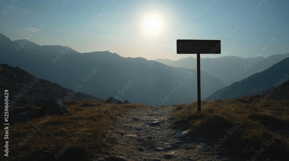 Mountain trail signpost sunset landscape Mountain trail signpost sunset landscape