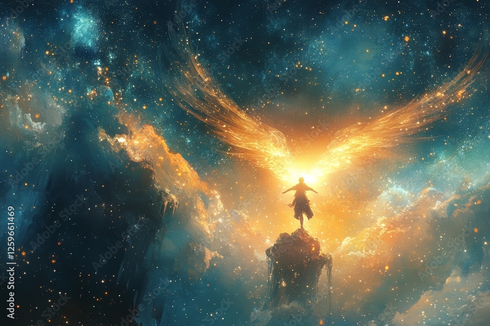 Naklejka premium A person with wings breaking free from chains, flying toward a radiant sky filled with stars and floating islands.