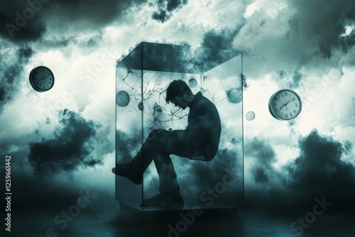 A person trapped inside a glass box, surrounded by dark clouds and broken clocks.