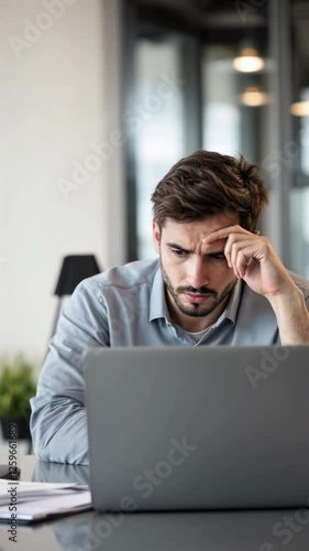 Frustrated young businessman looking at laptop in office, vertical footage