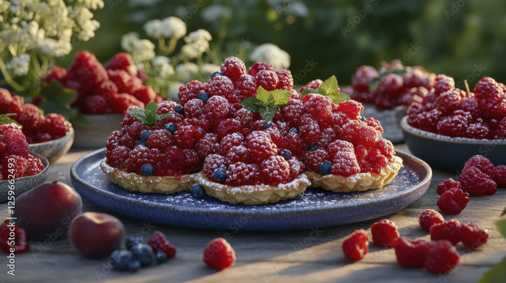 Delicious raspberry tarts topped with fresh berries and mint, perfect for dessert Delicious raspberry tarts topped with fresh berries and mint, perfect for dessert