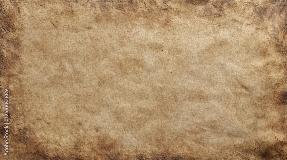 Fototapeta premium Blank Parchment Seen from Above with Soft Grain and Aged Appearance: Perfect for Historical or Antique Projects, Clear Central Space for Text or Graphics