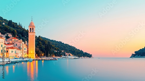 Mediterranean, harbor, tradition, A serene coastal view at sunset, featuring a charming town with a bell tower, calm waters, and lush hills in the background.