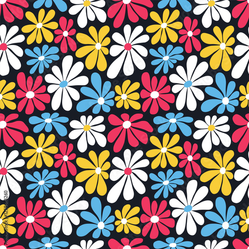 Floral Print with Multicolored Flowers. Seamless Memphis Pattern with Chamomile Flowers on Black Background. Summer Flowers. Sample can be used for Fabric, Cover, Wrapping Paper. Vector Illustration