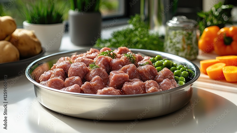Freshly prepared raw meatballs surrounded by vegetables on a kitchen countertop in bright light Freshly prepared raw meatballs surrounded by vegetables on a kitchen countertop in bright light