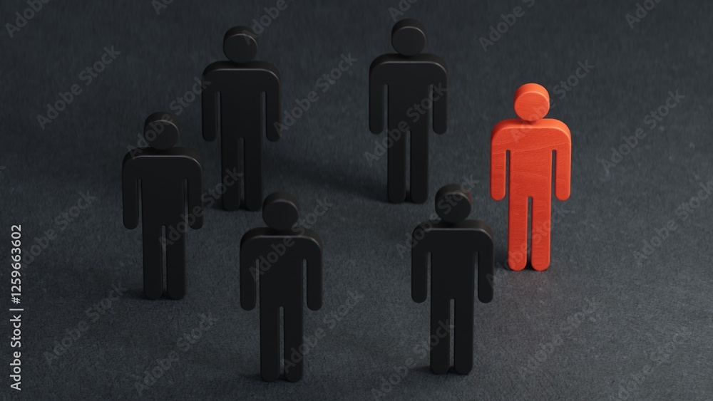 Red human figure surrounded by a circle of people. Leader Boss and leadership. Cooperation and teamwork. Outcast, hated opponent, criminal. Conviction. Discrimination and violence. Red human figure surrounded by a circle of people. Leader Boss and leadership. Cooperation and teamwork. Outcast, hated opponent, criminal. Conviction. Discrimination and violence.