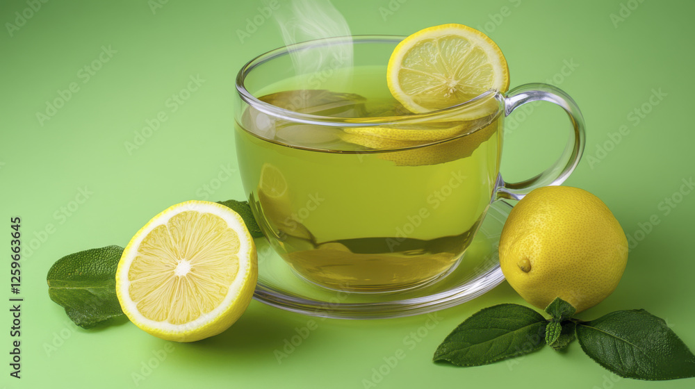 Hot lemon tea in clear cup with fresh lemon slices and mint leaves Hot lemon tea in clear cup with fresh lemon slices and mint leaves