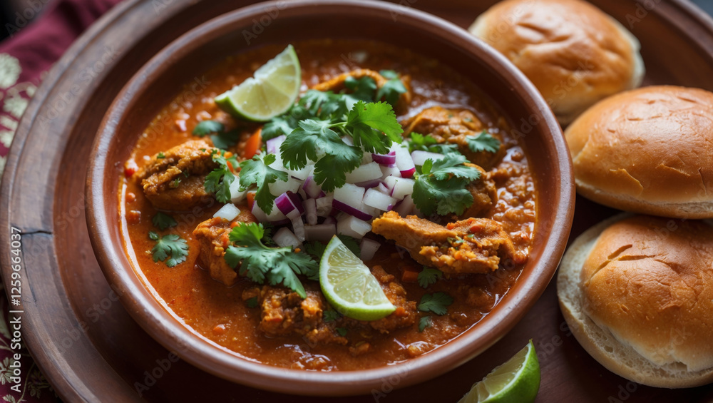 Delicious Indian Street Food Pav Bhaji with Flavorful Garnishes and Buttered Buns – Ultra-Detailed Food Photography Delicious Indian Street Food Pav Bhaji with Flavorful Garnishes and Buttered Buns – Ultra-Detailed Food Photography