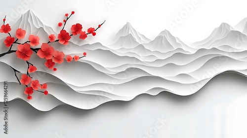 Red Blossoms Adorn Paper Mountainscape Scene