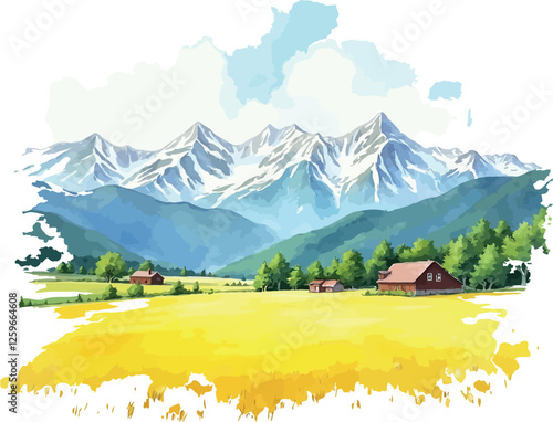 a picturesque watercolor landscape depicting a_vibrant yellow_field stretching towards a_backdrop