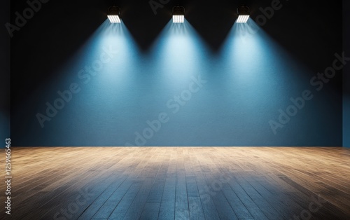 Wallpaper Mural Bright Studio with Cool Lighting Effects: A studio room with three spotlights highlighting a smooth wooden floor and icy blue walls.  Torontodigital.ca