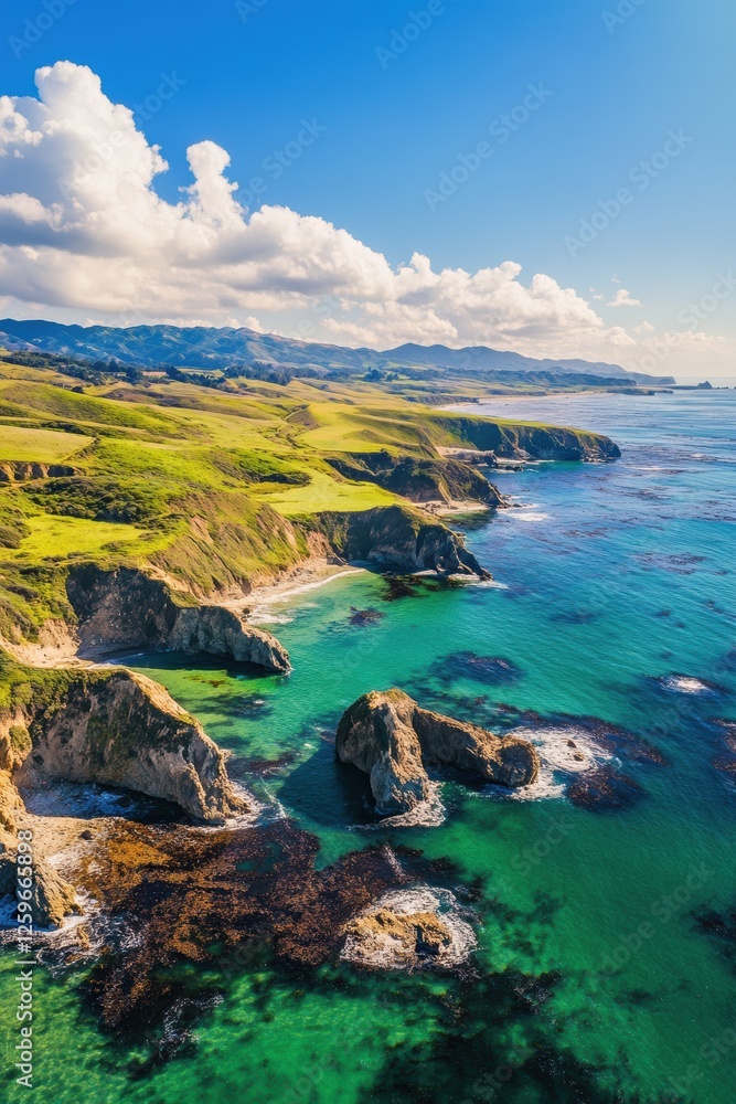 Aerial view of stunning coastal landscape with rocky shores and clear turquoise water, perfect for travel, nature, and outdoor adventure themes. Aerial view of stunning coastal landscape with rocky shores and clear turquoise water, perfect for travel, nature, and outdoor adventure themes.