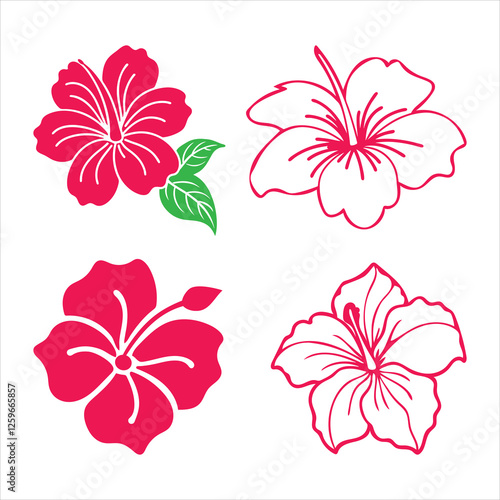  Hibiscus icon silhouette floral sigh isolated. Aloha beach symbol tropical flower exotic hibiscus bloom. Single flower icon and logo