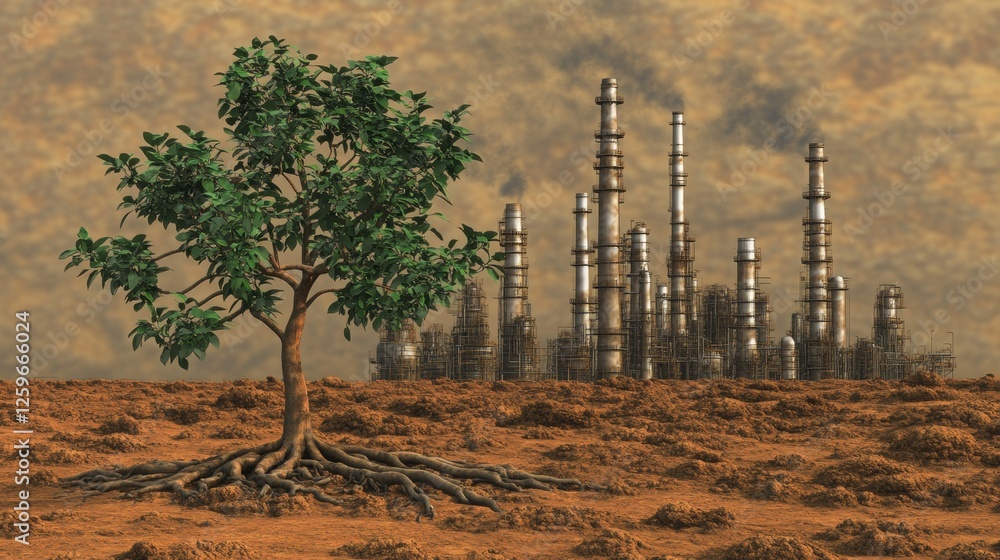 Obraz premium Lonely Tree with Exposed Roots in a Polluted Landscape Adjacent to Industrial Factories