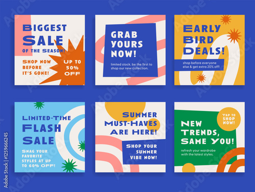 Big flash sale clothes shopping store doodle social media post design template set vector flat