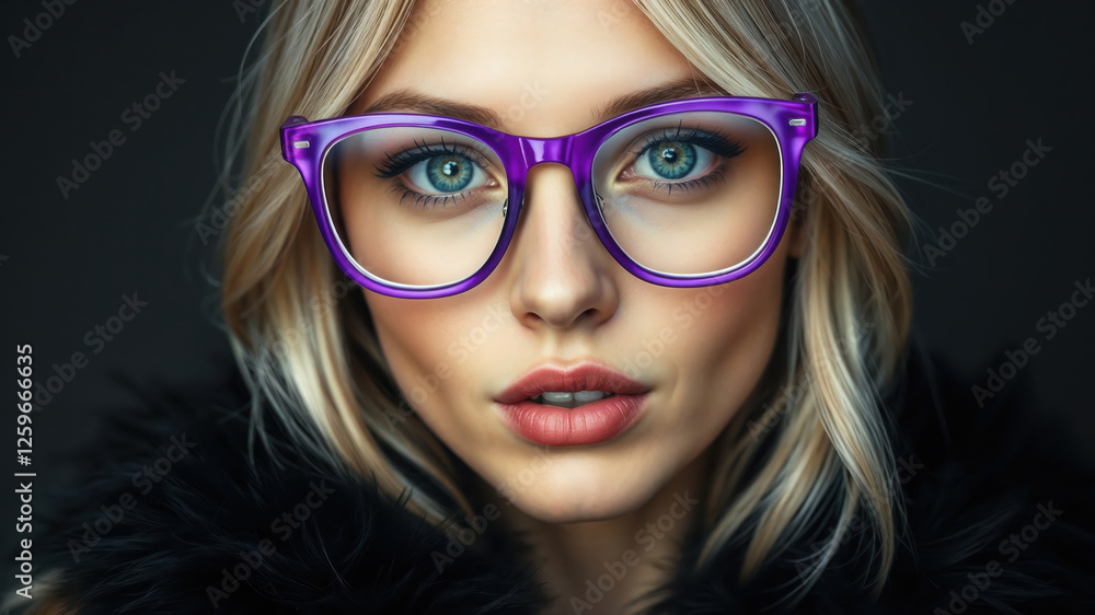 Blonde Woman Wearing Purple Glasses with Intense Blue Eyes and Focused Gaze Blonde Woman Wearing Purple Glasses with Intense Blue Eyes and Focused Gaze