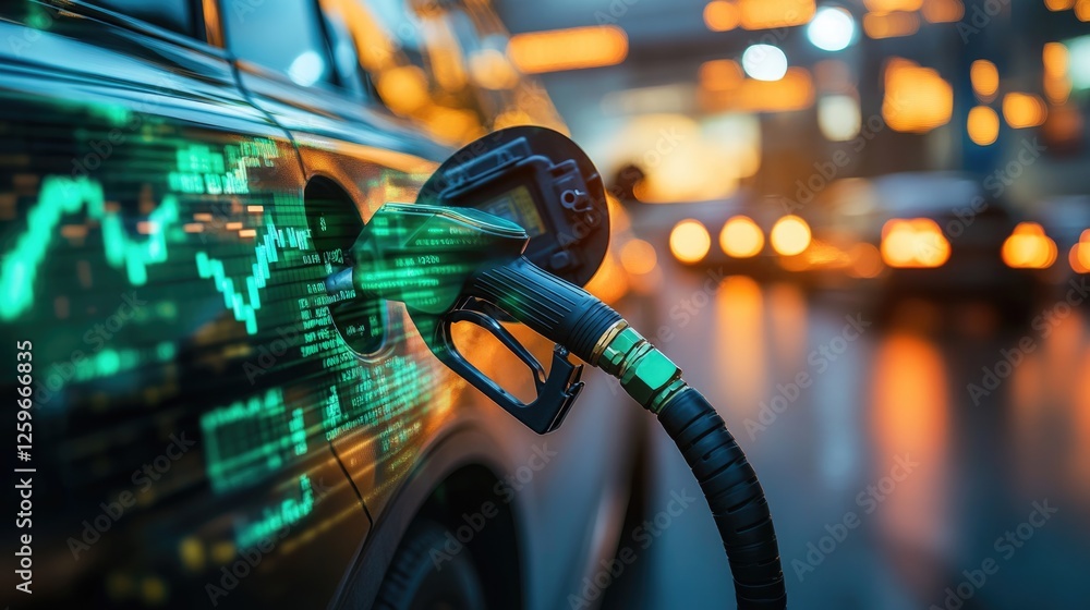 refueling nozzle to a car at gas station with futuristic graphic icon of stock market graph chart showing oil prices on screen background.