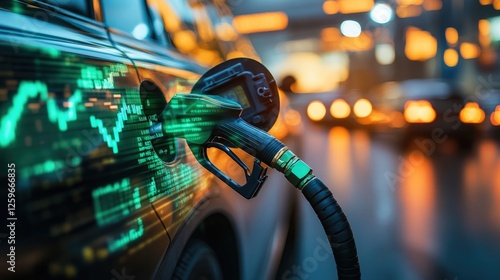 Obraz na płótnie refueling nozzle to a car at gas station with futuristic graphic icon of stock market graph chart showing oil prices on screen background. w salonie