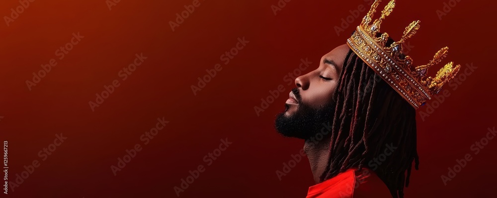 Naklejka premium Elegant king with dreadlocks, wearing a jewel-encrusted golden crown, luxurious red and gold royal attire, dark background, powerful and dignified presence, ultra-realistic