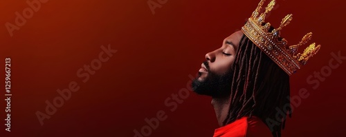 Elegant king with dreadlocks, wearing a jewel-encrusted golden crown, luxurious red and gold royal attire, dark background, powerful and dignified presence, ultra-realistic photo