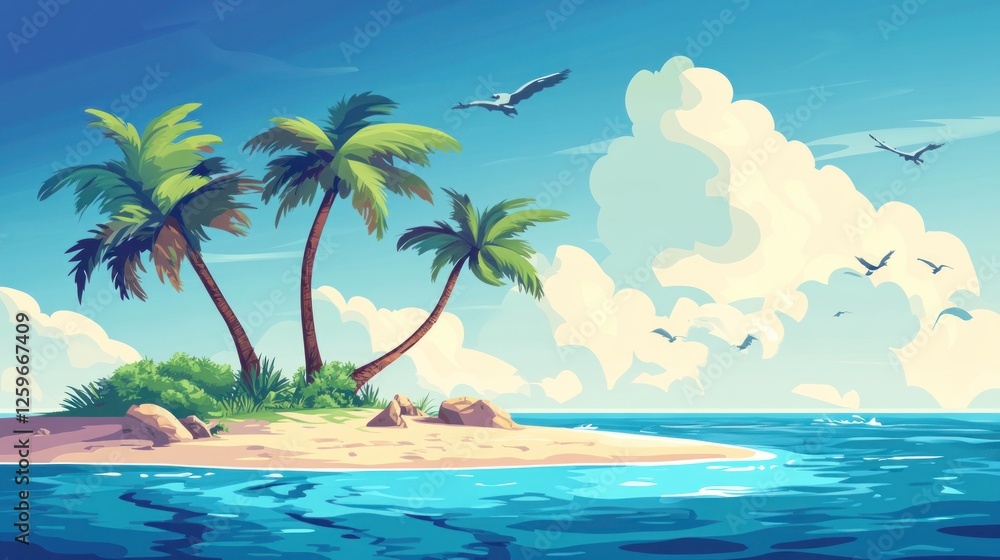 Obraz premium Tropical Paradise Island Illustration with Palm Trees and Birds in the Sky