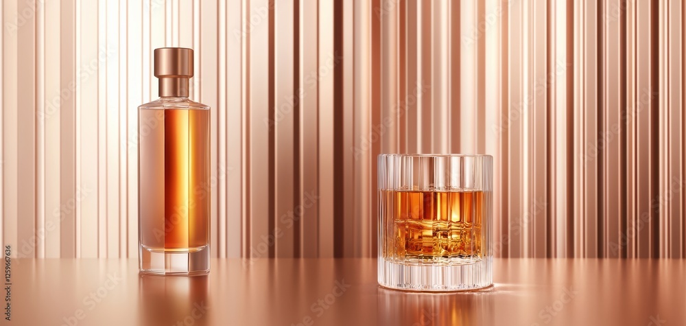 Elegant whiskey bottle and glass on a smooth surface, golden liquid glowing under soft natural light, high-detail reflections, premium beverage composition Elegant whiskey bottle and glass on a smooth surface, golden liquid glowing under soft natural light, high-detail reflections, premium beverage composition