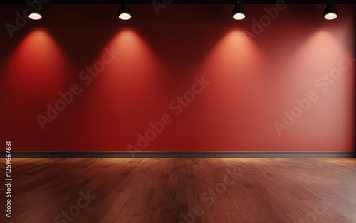 Wallpaper Mural Studio with Bold Colors and High-Contrast Lighting: A studio room with three spotlights, but with deep red walls contrasting against a dark wooden floor.  Torontodigital.ca