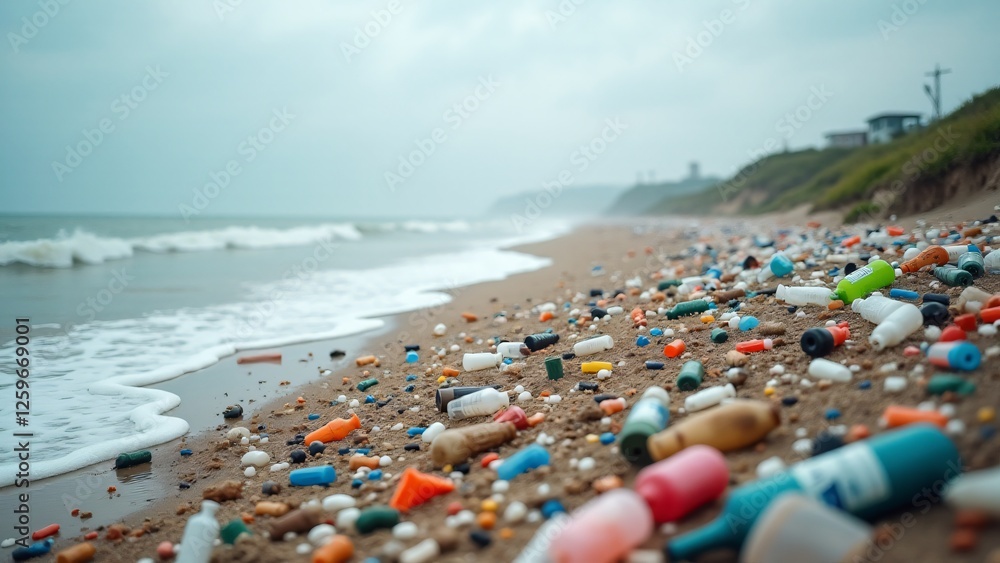 A beach covered in plastic waste creates a shocking and urgent atmosphere. The scene highlights the global issue of plastic pollution and the need to reduce plastic use and clean up oceans. A beach covered in plastic waste creates a shocking and urgent atmosphere. The scene highlights the global issue of plastic pollution and the need to reduce plastic use and clean up oceans.