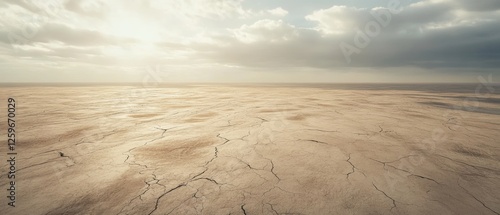 Vast arid desert landscape under dramatic clouds, showcasing dry cracked earth and a solitary figure, perfect for nature and travel themes. photo