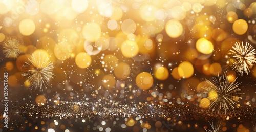 Golden fireworks burst against a black background, illuminating the night sky with festive sparks and shimmering bokeh effects.
