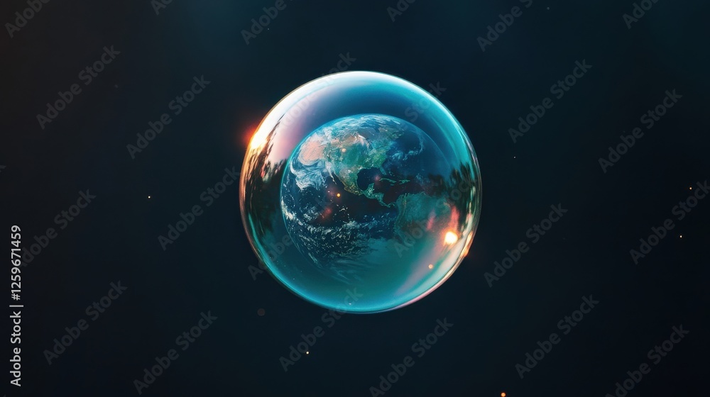 Fototapeta premium A giant soap bubble encases a small planet, creating a cosmic and surreal scene. Iridescent reflections and vibrant colors enhance the otherworldly atmosphere