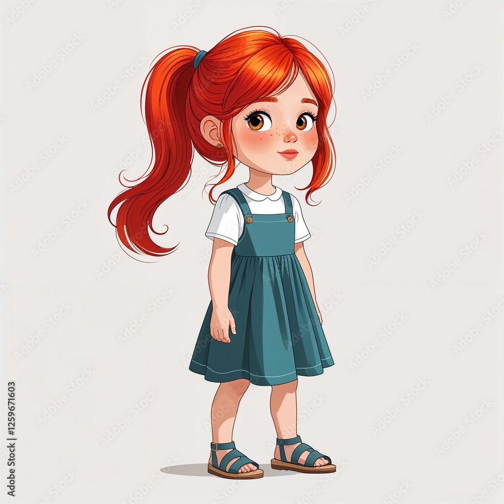 redhead girl ponytail dress and sandals cartoon illustration on plain white background redhead girl ponytail dress and sandals cartoon illustration on plain white background