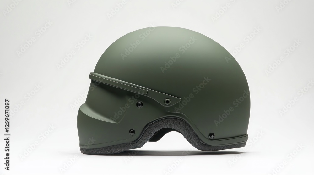 Olive green motorcycle helmet, side view, studio shot. Safety gear, background white Olive green motorcycle helmet, side view, studio shot. Safety gear, background white