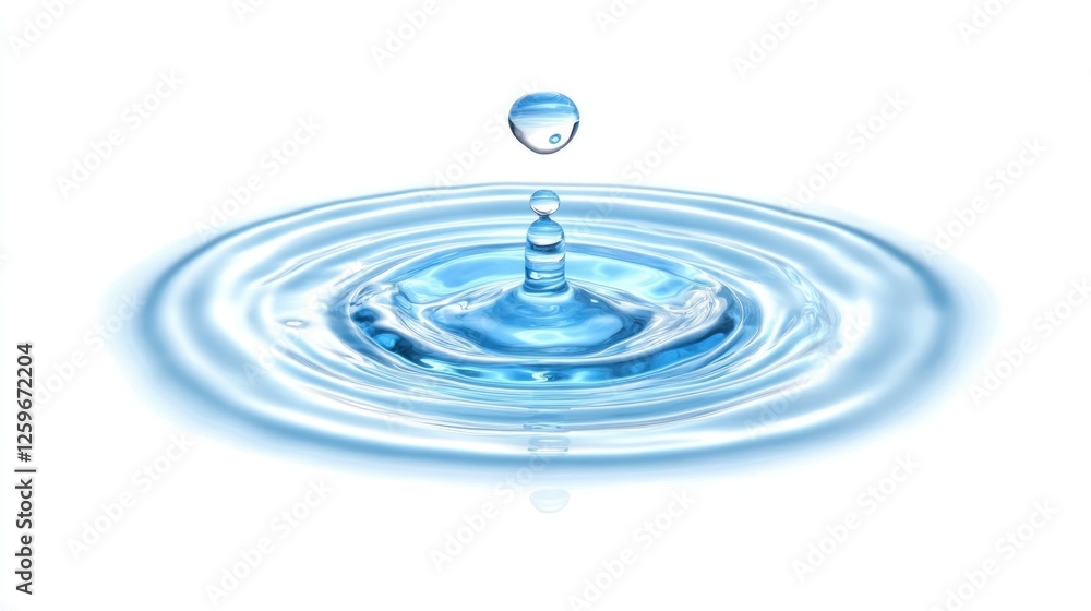 Water drop falling, creating ripples, on white background; purity concept Water drop falling, creating ripples, on white background; purity concept