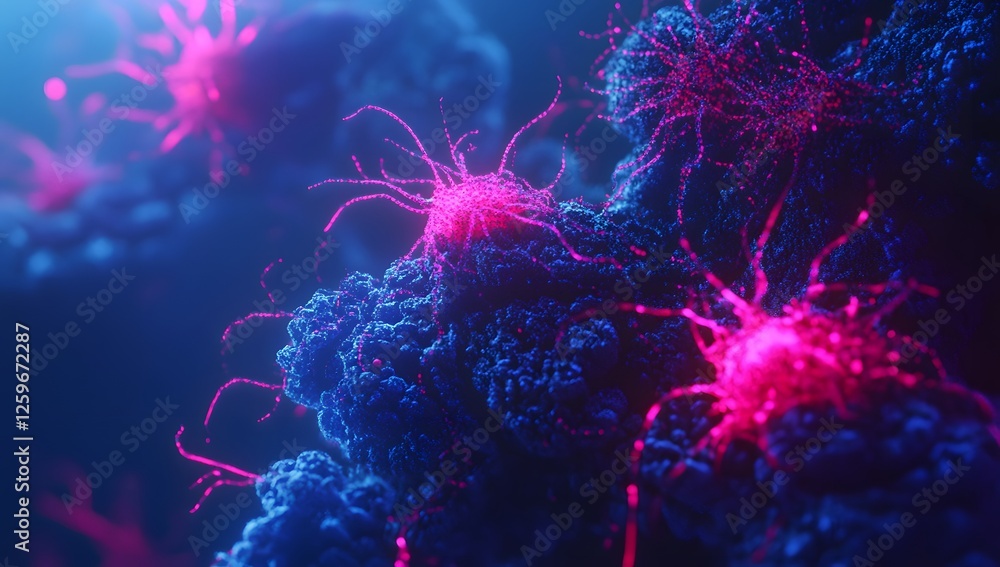 Fluorescent cells, microscopic view, glowing, biological research Fluorescent cells, microscopic view, glowing, biological research