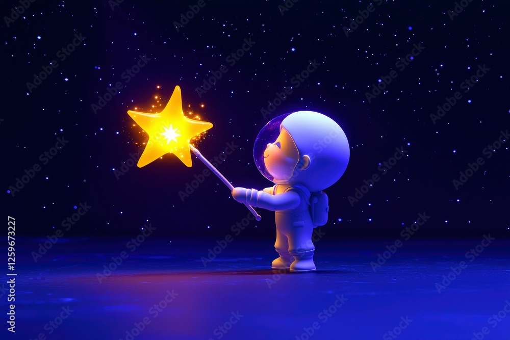 Naklejka premium Adorable Astronaut Child Holding a Glowing Star Wand in Space