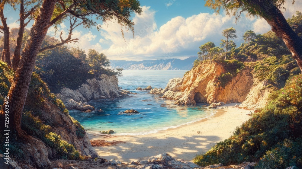 Secluded cove beach, sunny day, coastal cliffs, ocean view, idyllic getaway Secluded cove beach, sunny day, coastal cliffs, ocean view, idyllic getaway