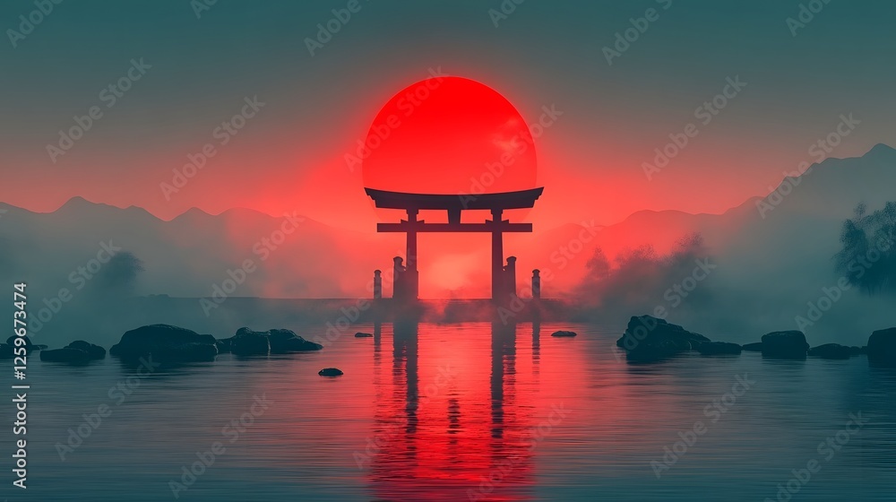 Serene japanese gate with vermillion sunset over misty waterscape scenery Serene japanese gate with vermillion sunset over misty waterscape scenery