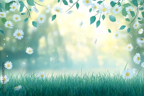 Spring meadow with daisies and green leaves, sun rays illuminating nature, perfect for web design or print, seasonal spring concept with copy space.