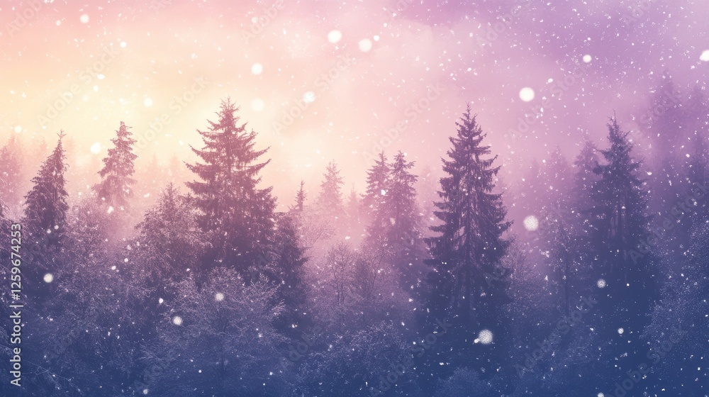 Naklejka premium Winter forest landscape with snow falling, foggy twilight scenery, and pine trees in soft purple and pink hues, perfect for seasonal advertisements or backgrounds.