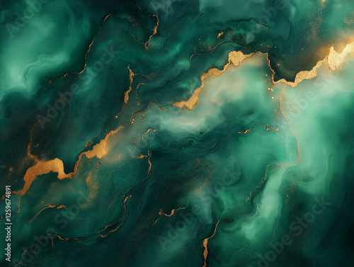 A bold and rich alcohol ink background featuring deep emerald green blending into lighter jade tones, accentuated by shimmering gold veins. 